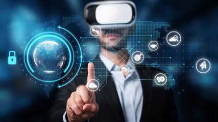 A businessman engages with a virtual reality headset, interacting with a digital interface showcasing global data and various technology icons in a modern setting. Raster - Powered by Adobe