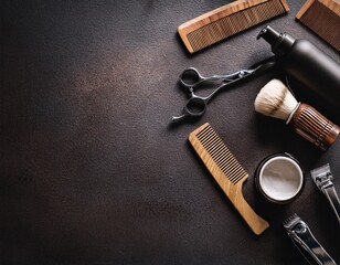 barber tools on dark stone hair care products background