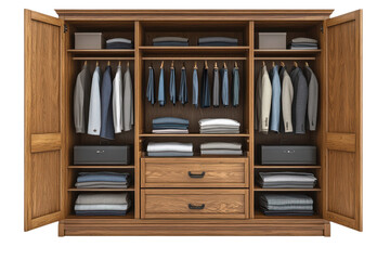 Open wooden wardrobe showcases organized clothing and storage solutions for bedroom interior design ideas on transparent background