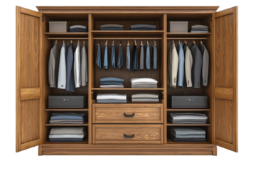 Open wooden wardrobe showcases organized clothing and storage solutions for bedroom interior design ideas on transparent background