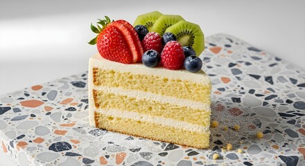 Light and Fluffy Layered Sponge Cake with Cream Filling, Topped with Fresh Kiwi, Strawberries, Blueberries, and Raspberries, A Beautiful Dessert for Celebrations and Special Occasions

