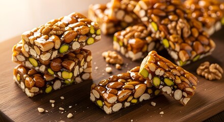 Crunchy Nut Brittle Bars with Almonds, Pistachios, and Walnuts, Glazed with Caramelized Sugar, A Classic Sweet Snack for Holidays, Gift Boxes, and Nut Lovers Seeking a Satisfying Treat

