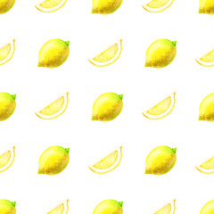 Hand drawn watercolor seamless pattern of lemon and lemon slice isolated on a white background.