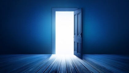 dark blue room with door opening to the light concept of opening mind find the hopes or find new chance