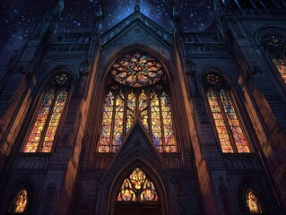 Fototapeta premium Gothic Cathedral Facade Night Sky Stained Glass Rose Window Intricate Detail Historic Architecture Illuminated Exterior