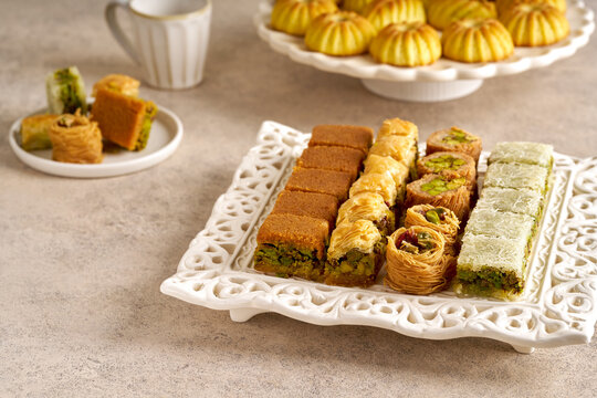 Traditional turkish, arabic sweets baklava assortment with pistachio