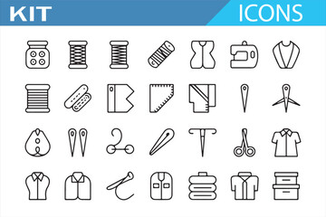Minimalist sewing outline icons – thread, needles, and fabric linear collection