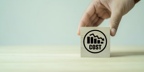 Cost Reduction Symbol: A hand carefully positions a wooden block marked with the cost reduction symbol. The visual emphasizes financial efficiency and strategic savings.