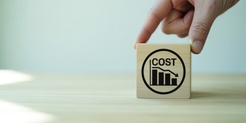 Cost Reduction Concept: A hand delicately interacts with a wooden block featuring a downward-trending cost graph. The image evokes a sense of financial control.