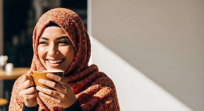 Smiling Muslim Woman in Hijab Enjoys Coffee in Sunlight, Promoting Diversity and Positive Representation.