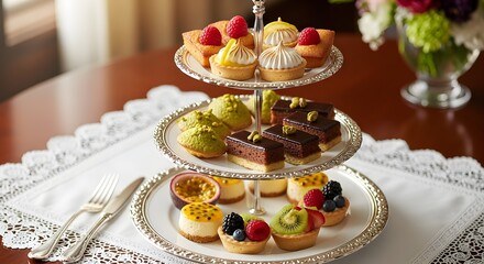Elegant Tiered Stand Displaying Assorted Mini Desserts, Tarts, and Pastries Decorated with Fruits and Nuts, Perfect for Afternoon Tea, Parties, and Luxurious Dessert Buffets

