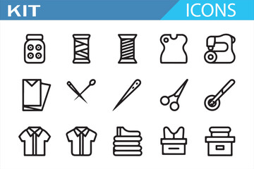 Tailoring and sewing outline icons – thread, fabric, and fashion design symbols