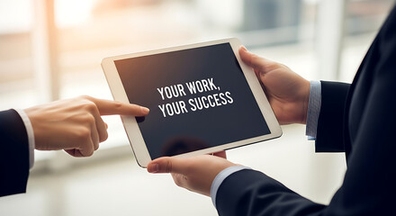 Businessmen discussing success on a tablet device in a professional office environment setting light