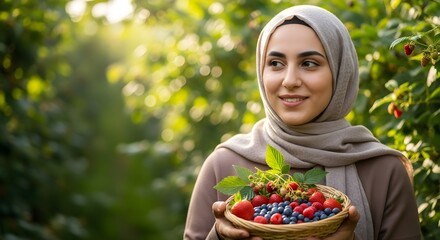 Smiling Woman in Hijab Holds Basket of Fresh Berries in Sunny Orchard, Connecting with Nature and Healthy Eating.