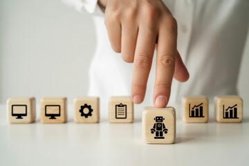 Strategic Steps in Robotic Future: a hand walks on wooden cube and showing symbol of future with technology. This image represents the concept of steps forward for business.