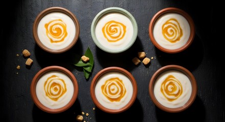 Creamy Caramel Pudding Served in Traditional Clay Pots with Artistic Caramel Swirl, A Rich and Elegant Dessert Perfect for Celebrations, Parties, and Gourmet Culinary Experiences

