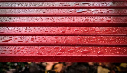 close up of a red wooden bench covered in raindrops