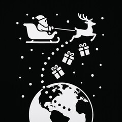Flat minimal Christmas art. Santa Claus in sleigh flies over Earth, dropping gifts. White silhouette on black background. A festive symbol of magic, joy, and holiday cheer.