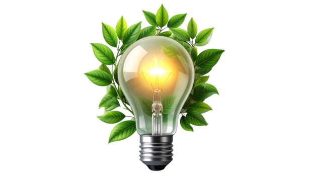Energy-saving light bulb entwined with green leaves isolated