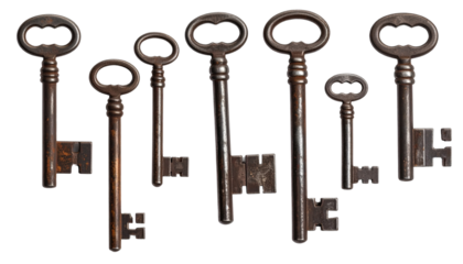 Set of antique metal keys isolated on transparent background