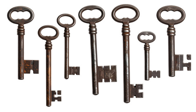  Set of antique metal keys isolated on transparent background - Powered by Adobe