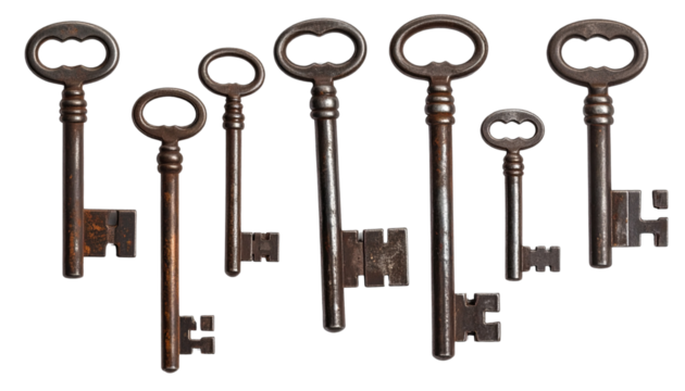  Set of antique metal keys isolated on transparent background
