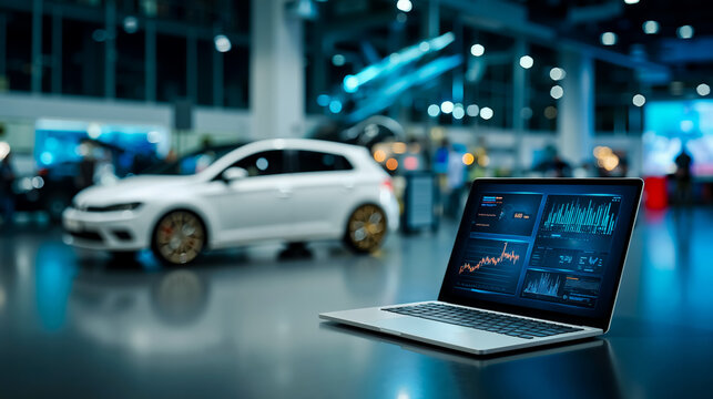 A white laptop with a graphical interface on a table in a dimly lit room with a white car in the background - Powered by Adobe