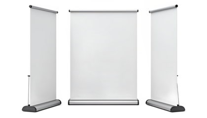 Silver and black banner stands isolated on a transparent background display advertising
