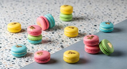 Assorted Colorful French Macarons with Gold Leaf Decoration, Arranged on a Modern Terrazzo Surface, A Chic and Elegant Dessert for Parties, Weddings, and Gourmet Gift Boxes

