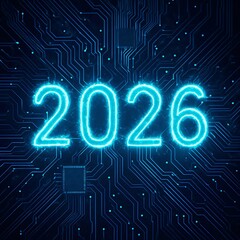 Futuristic tech background with glowing year 2026 over a digital circuit. Perfect as a backdrop for New Year banners, AI presentations, innovation topics, and future-themed designs.