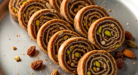 Delicate Pistachio and Nut Swirl Rolls with Layers of Pastry and Dried Fruits, Sliced and Arranged on a Silver Tray, Perfect for Festive Occasions and Gourmet Dessert Platters

