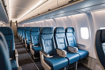 An empty, modern airplane cabin showcases premium, comfortable blue seats alongside gentle, soft lighting effects