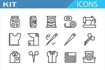 Sewing kit line icon set – minimalist linear collection of tailoring tools, buttons, needles, thread spools, scissors, and fabrics for craft, clothing repair, and fashion design illustrations