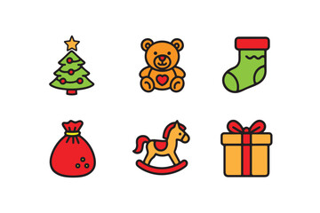 Bundle Christmas unique funny  toy and gift bag  colourful vector icon on white background.
