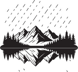 Fototapeta premium Black silhouette of mountains reflected in water with pine trees and falling lines Keywords: mountains, reflection, water, lake, river, pine trees, forest, landscape, nature, scenery, silhouette