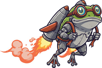 Robotic frog flying with jetpack and aviator goggles in mechanical suit with flames and smoke vector illustration