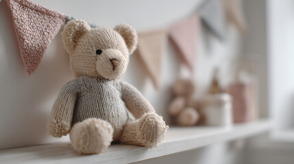 Soft plush toys close-up in cozy nursery interior, warm minimalistic design with childhood charm and aesthetic detail.