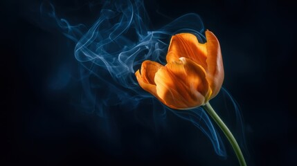 Orange tulip with swirling smoke in dark background creates a mysterious and artistic atmosphere