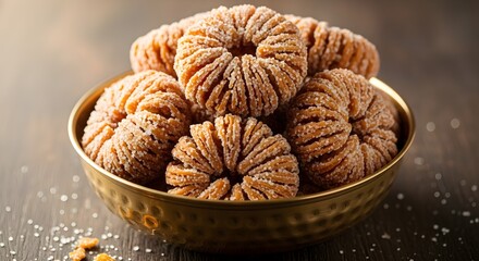 Traditional Indian Imarti Sweets Arranged in a Brass Bowl, Deep-Fried and Soaked in Sugar Syrup, A Festive and Classic Dessert for Celebrations, Festivals, and Special Occasions

