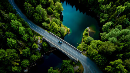 A car driving on a bridge over a river surrounded by lush green trees