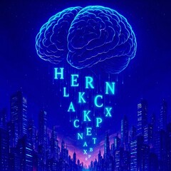 Futuristic glowing brain hovering above a cyber city, raining letters like data. A powerful concept of AI, machine learning, digital intelligence, and future knowledge.