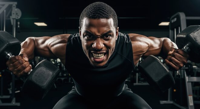 Muscular Black man with an intense expression lifting heavy dumbbells at the gym. Powerful athlete in training. Strength, fitness, and motivation concept