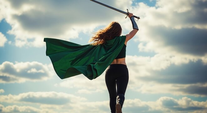 A strong female warrior holds a sword high against a dramatic sky. Fantasy hero with a green cape seen from the back. Power and freedom concept