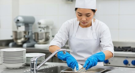 Professional Asian chef washing dishes in a commercial kitchen. Female restaurant employee working at a sink. Food service and hygiene concept