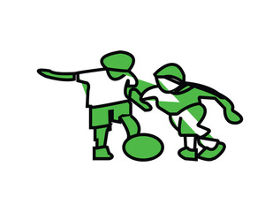Bold, stylized flat graphic icon featuring two children in green and white clothing actively engaging in a game of football (soccer), kicking a ball. The illustration uses thick black outlines etc.
