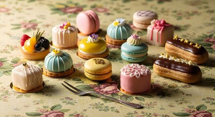 Charming Assortment of Mini Pastries, Macarons, and Eclairs, Decorated with Fruits and Flowers, Perfect for Elegant Tea Parties, Dessert Buffets, and Special Celebrations

