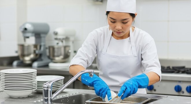 Professional Asian chef washing dishes in a commercial kitchen. Female restaurant employee working at a sink. Food service and hygiene concept - Powered by Adobe