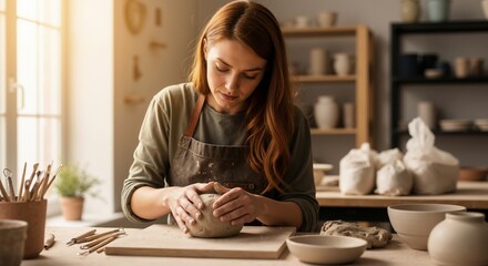 Female artist shaping clay in a sunlit pottery studio. Woman potter working on a handmade ceramic craft. Creative hobby and small business concept