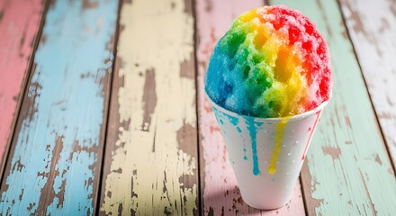Colorful Rainbow Shaved Ice in a White Cup, Dripping with Bright Syrups, A Fun and Refreshing Frozen Treat for Hot Summer Days, Carnivals, Parties, and Childhood Nostalgia

