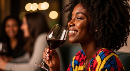 Smiling Black woman enjoying a glass of red wine at a restaurant. Happy person celebrating at a social gathering at night